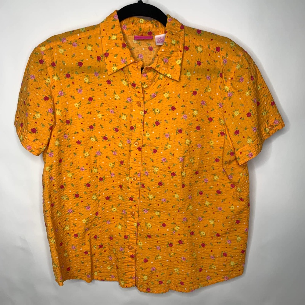 Vintage Floral Seersucker Blouse Orange Sz Medium Orange Bright